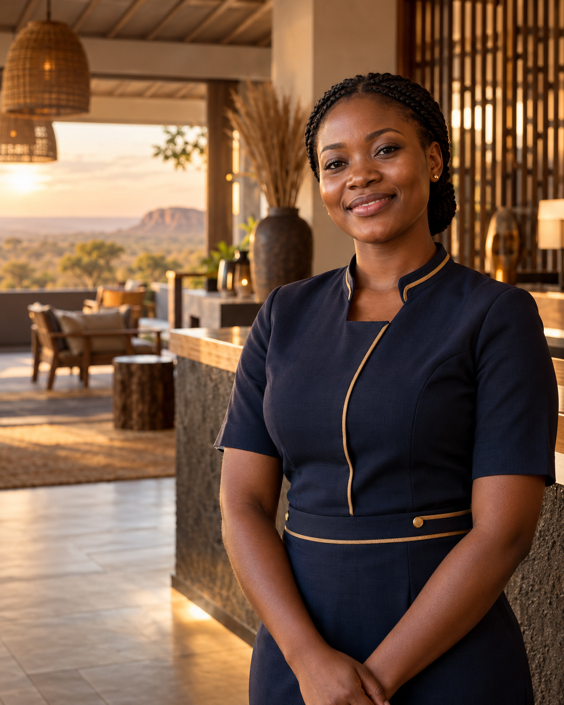A welcoming Black Ghanaian hotel professional in a warmly lit Savannah-inspired hotel